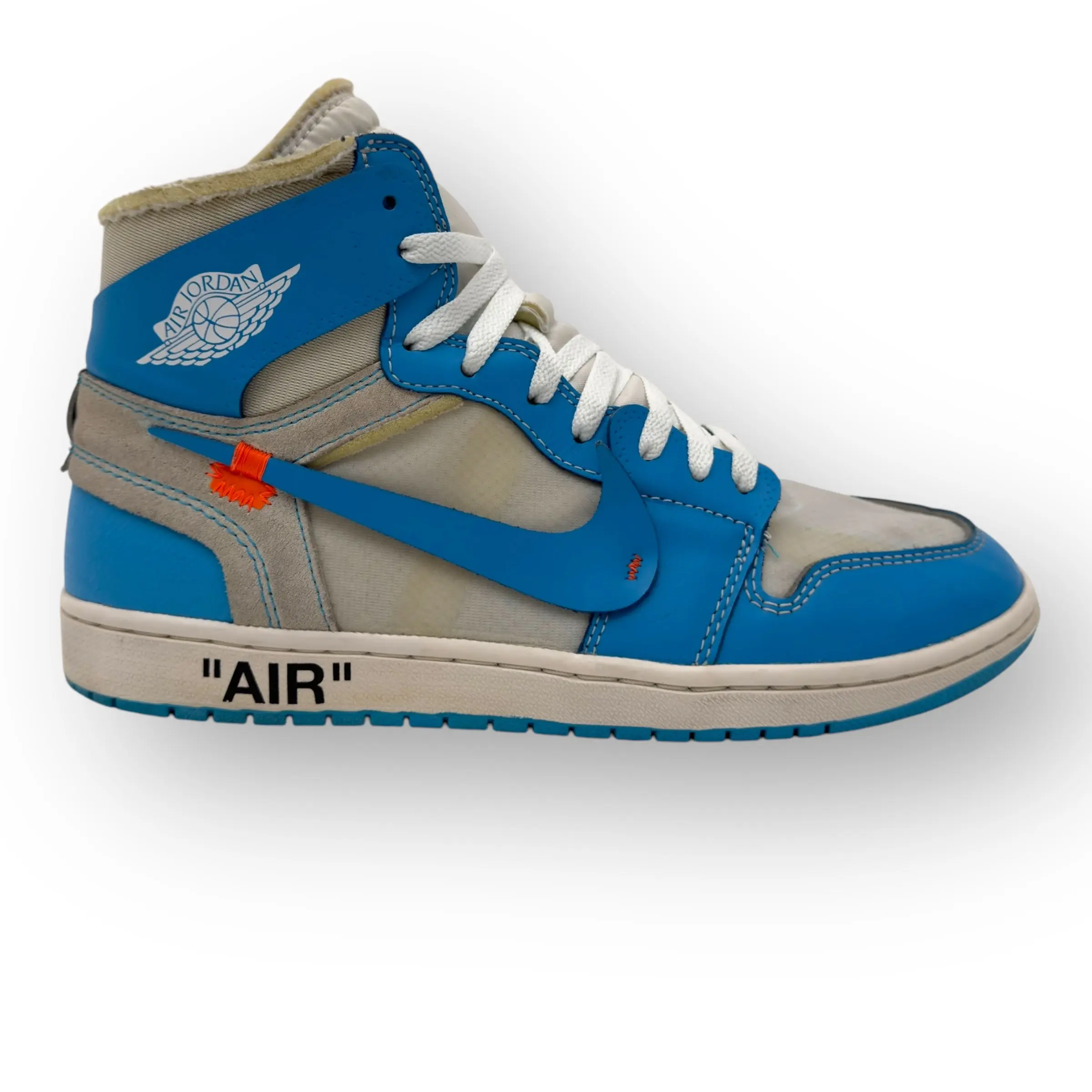 PRE-OWNED OFF-WHITE X AIR JORDAN 1 RETRO HIGH OG UNC SNEAKER UNIVERSITY BLUE UK9.5