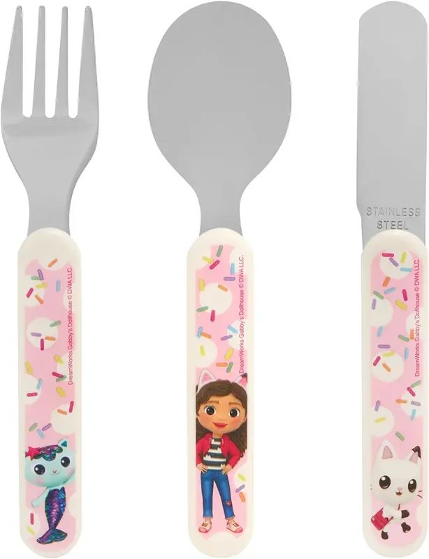 Gabby's Dollhouse 3 Piece Cutlery Set – Metal, Reusable, Fork & Spoon, Kids-Size, Made from Food-Safe Stainless Steel & ABS Plastic – Gabby. Mercat, Pandy Paws – for 12 Months & Up Lightweight Tableware Knife 1