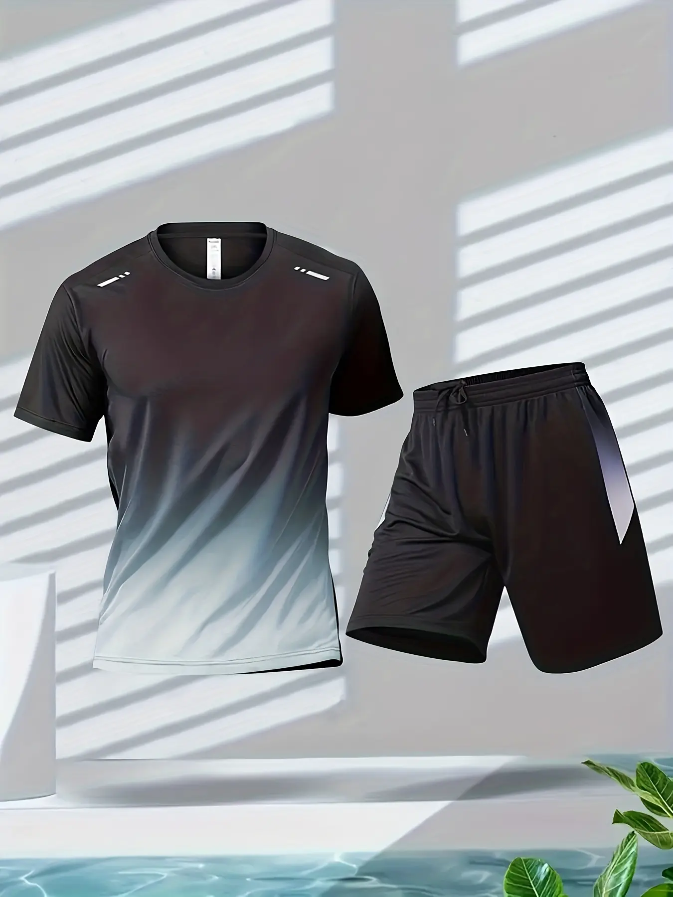 2-piece Men's Summer Basketball Training Running OutfitSet, Gradient Short sleeve T-shirt & Quick-drying Shorts Set