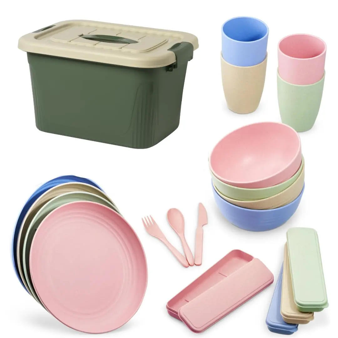 Camping Plates and Bowls Set - Includes Storage Box Washing Up Bowl - 21Pcs Dinner Set with Dinner Plates, Bowls, Cups and Cutlery – BBQ Set with Cute Colours and Matte Finish