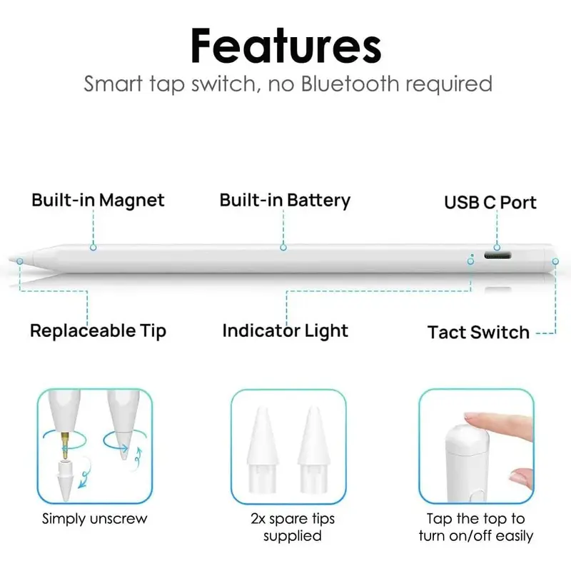 iPad Pencil with Palm Rejection/Tilt Sensitivity/Magnetic Attach iPad Pencil for iPads 2018 Onwards, iPad Pencil for iPad 6/7/8/9th Gen iPad Pro 12.9/11'' iPad Air 3/4/5th iPad Mini 5/6th Wireless apple pencil USB C 2