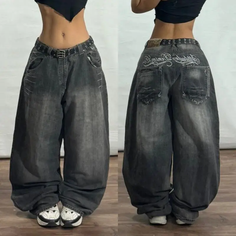 Women Y2K Harajuku Hip Hop Popular Gothic High Waist Wide Leg Pants Streetwear New Vintage Letter Printing Washed Baggy Jeans