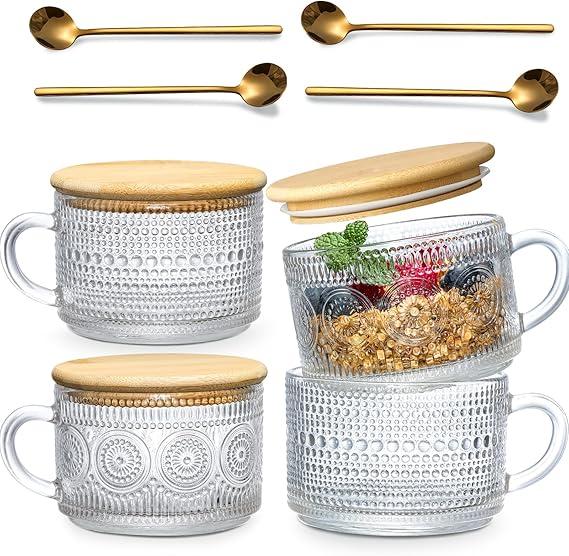 Product Introduction of 4 pc Vintage Coffee Mugs gifts for women, Overnight Oats Containers with Bamboo Lids and Spoons - 14oz Clear Embossed Glass Cups, Cute Coffee Bar Accessories, Iced Coffee Glasses Tumbler Sunflower Drinkware 1