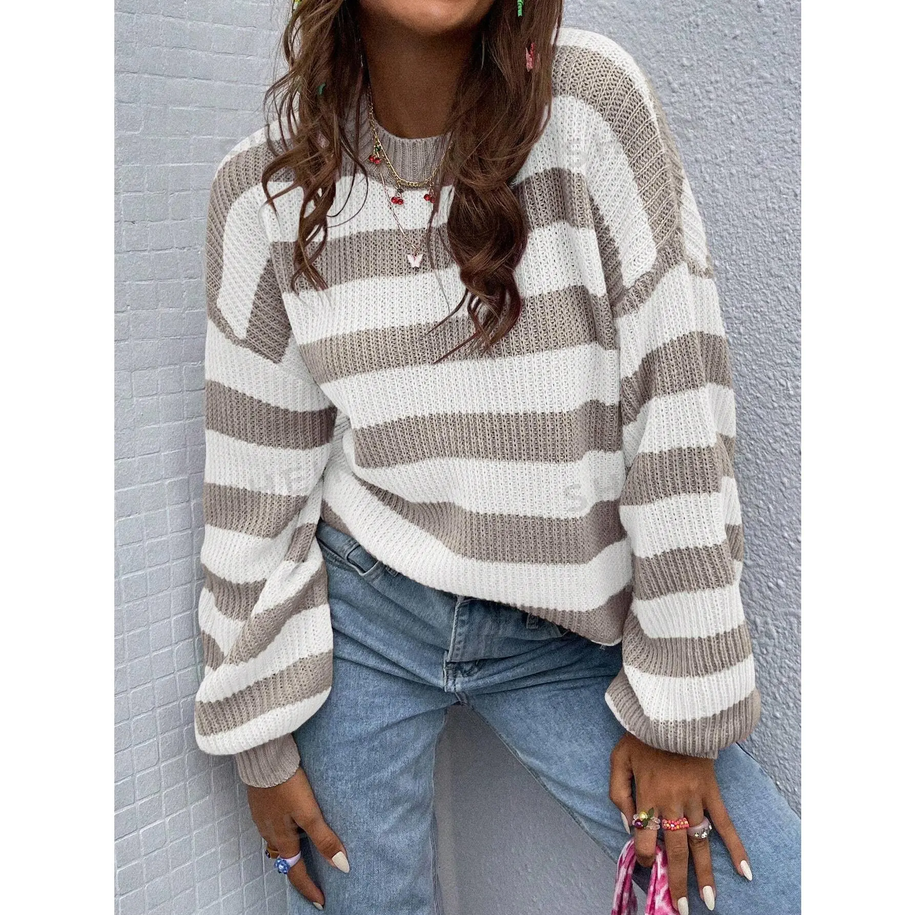 SHEIN Essnce Striped Pattern Drop Shoulder Sweater