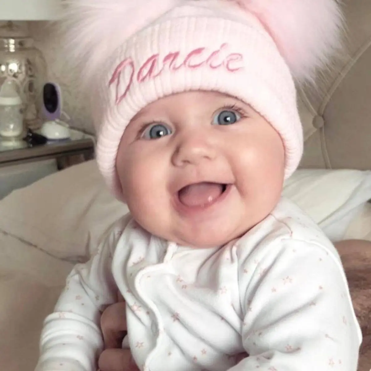 Personalised Baby Pom Hat - Pink, 0-6 Years, Cable Knit, Faux Fur Poms, Embroidery
