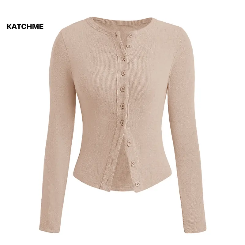 KatchMe Women's Versatile Solid Color Knit Button-Up Long Sleeve Slim Top,Lady Slim-Fitting Top for Daily Holiday Wear,Fall & Winter Crewneck Knitwear 6