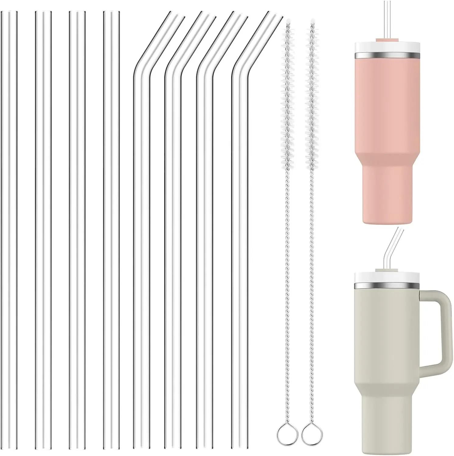Replacement Glass Straws for Stanley Cup 40oz, 8Pcs 31cm Long Diameter 1cm Borosilicate Glass Straws Set with 2Pcs Cleaning Brush, Extra Long Straws Compatible with Stanley 30/40oz Adventure Tumbler Drinkware Mug