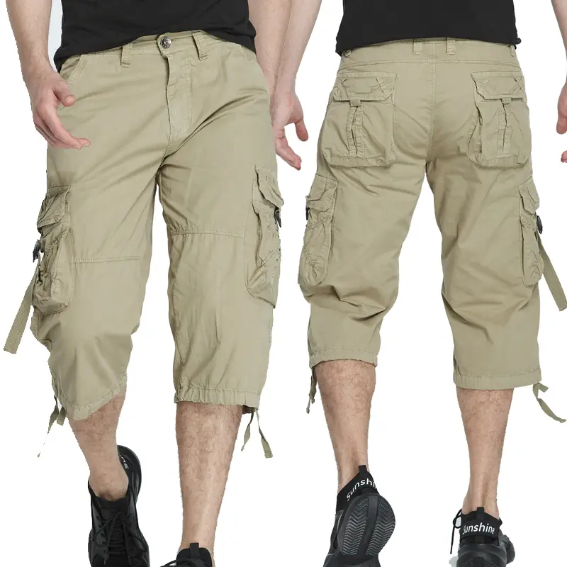 New style Cotton Below Knee Length  3/4 Long Shorts Men's Tactical Capri Pants Multi Pocket Summer Twill Work Cargo Pants Man Menswear Belt