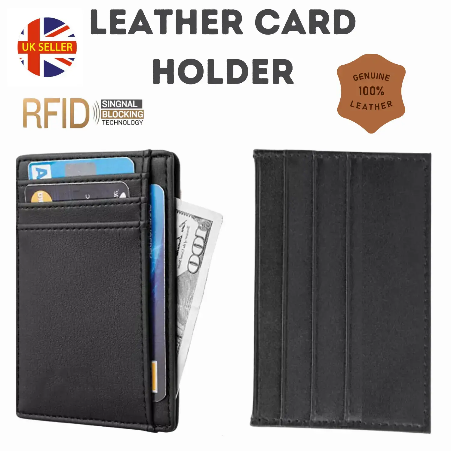Minimalist Credit Card Holder Wallet for Men with RFID Blocking Technology, Holds up to 7 Cards and Fits Bank Notes, Plain Leather Design