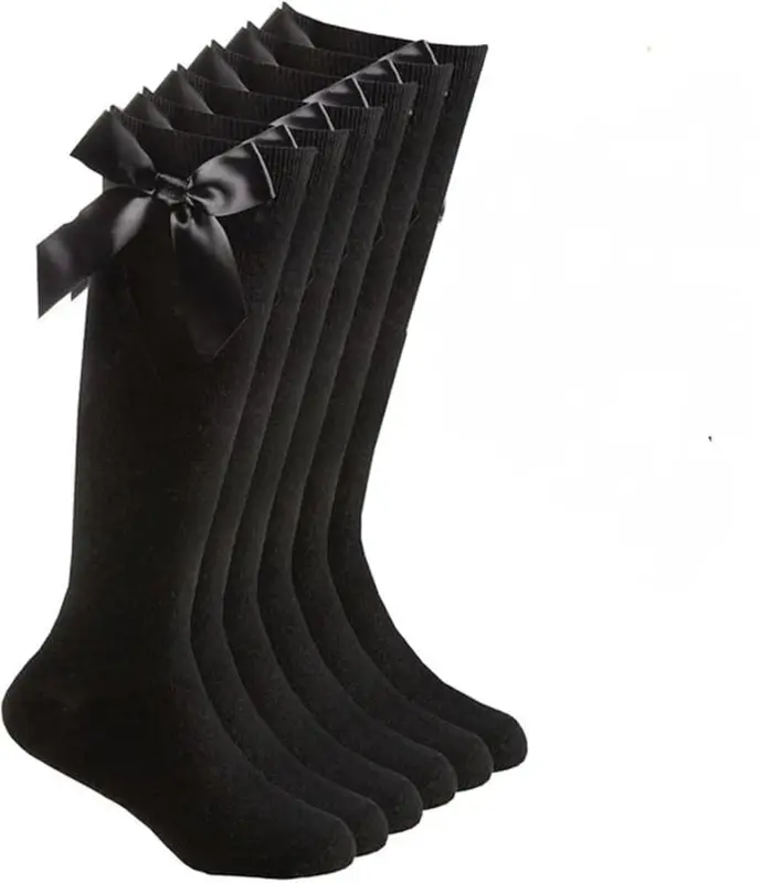 3 Pairs Girls Knee High School Socks Cotton Socks with Fluffy Ribbons Bow, Back to School Socks Uniform Party Wear Long Socks Girls Bow Knee High School Socks 1