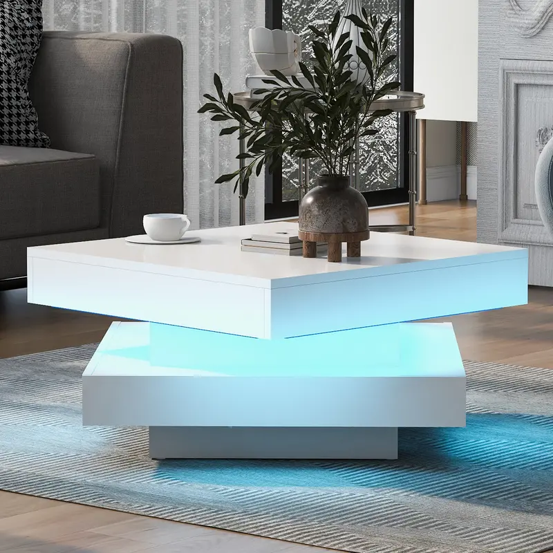 BTM Luxury Modern Furniture  70x70x36 cm Black Square High Gloss Coffee Table with 360° Rotating Top, Tea Table with 16-Color LED light 1