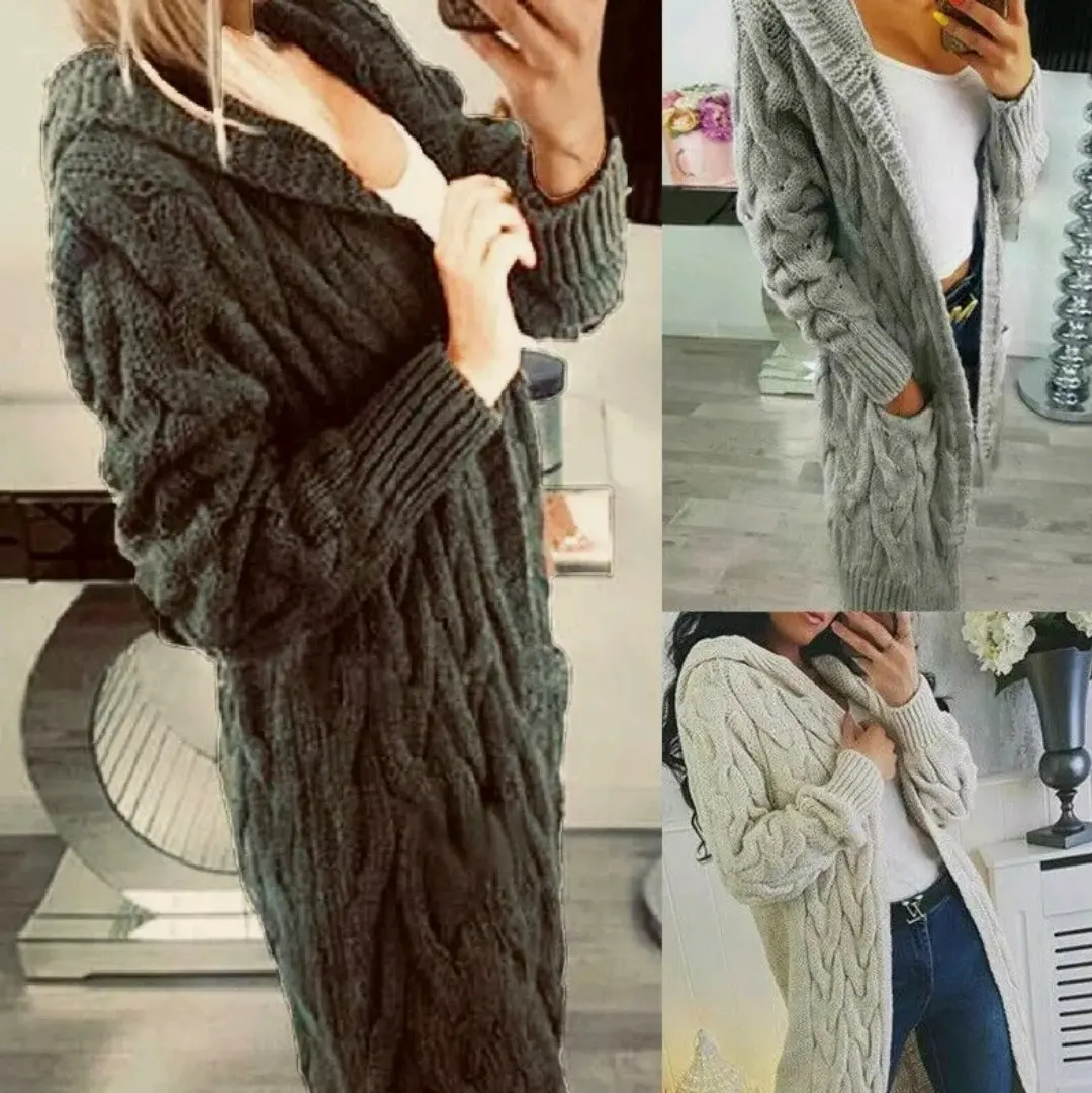 Women's Chunky Cable Knitted Oversized Longline Hoodie Ladies Cape Cardigan - Womenswear, Winter, Stretchy, Fabric Knitwear Fit Compression