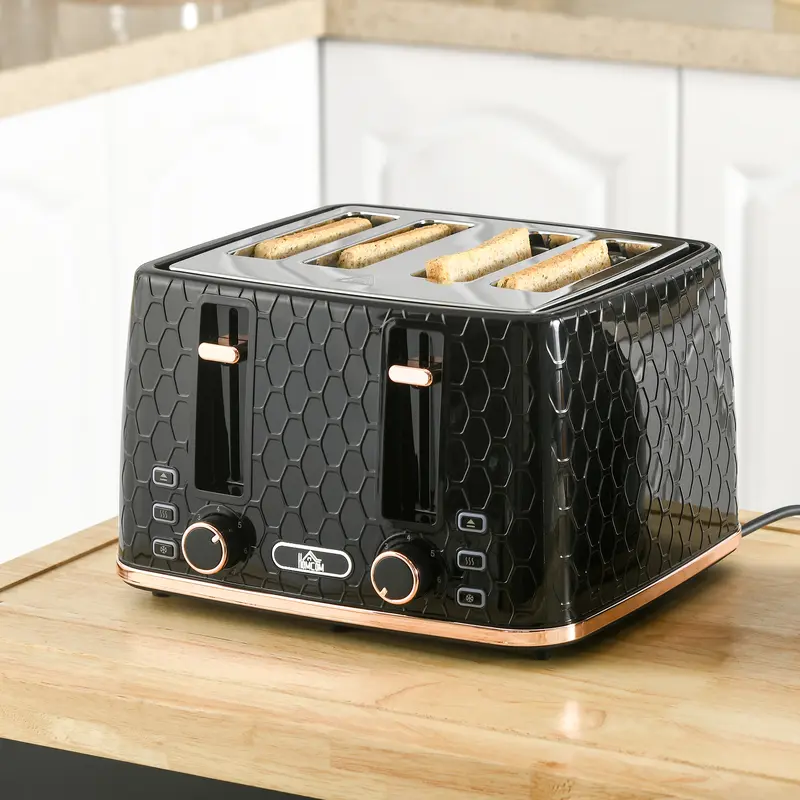 HOMCOM 4 Slice Toaster with 7 Browning Levels, High Lift, Reheat/Defrost/Cancel, Self-centring Function, Removable Crumb Tray, Auto Off, 1600W, Black Honeycomb Texture 1