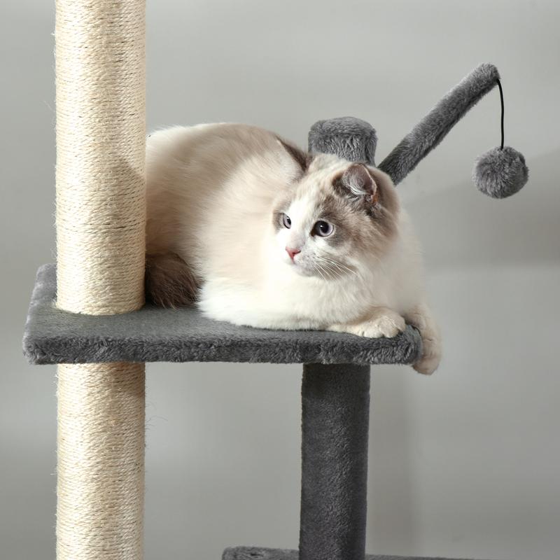 PawHut 270cm Floor To Ceiling Cat Tree Cat House Scratching Post for Indoor Cats Hammock Hanging Ball Activity Center Grey 8