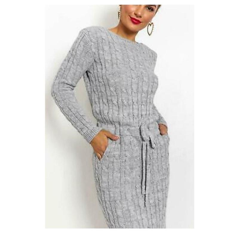 Ladies Cable Knitted Pocket Tie up Long Midi Dress with Belt - Clothing Knitwear Womenswear 2