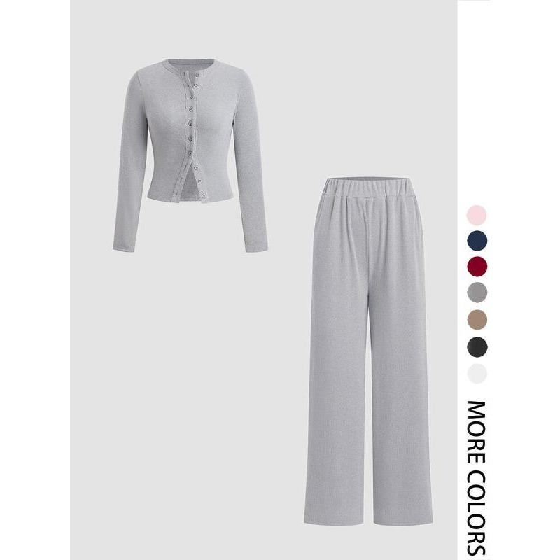 Product Introduction of Two-piece Set Women's Solid Button Front Ribbed Crop Top & Elastic Waist Pants, Casual Long Sleeve Round Neck Top & Trousers 2 Piece Set for Spring & Fall, Women's Clothes for Daily Wear, Sassyandclassyclothing 0