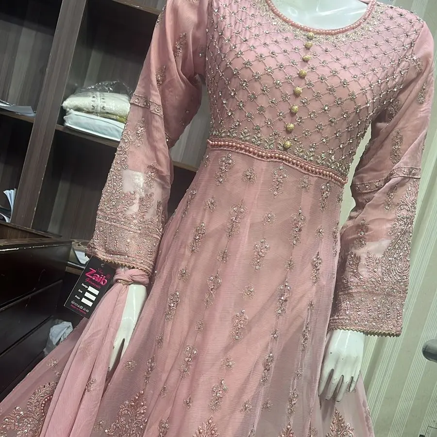 Heavy embroidered chiffon maxil dress, fully embroidered shirt with plain trouser and embroidered dupatta