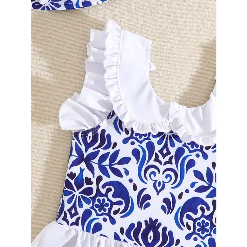 1pc Baby Girl One-Piece Swimsuit With Hat 2