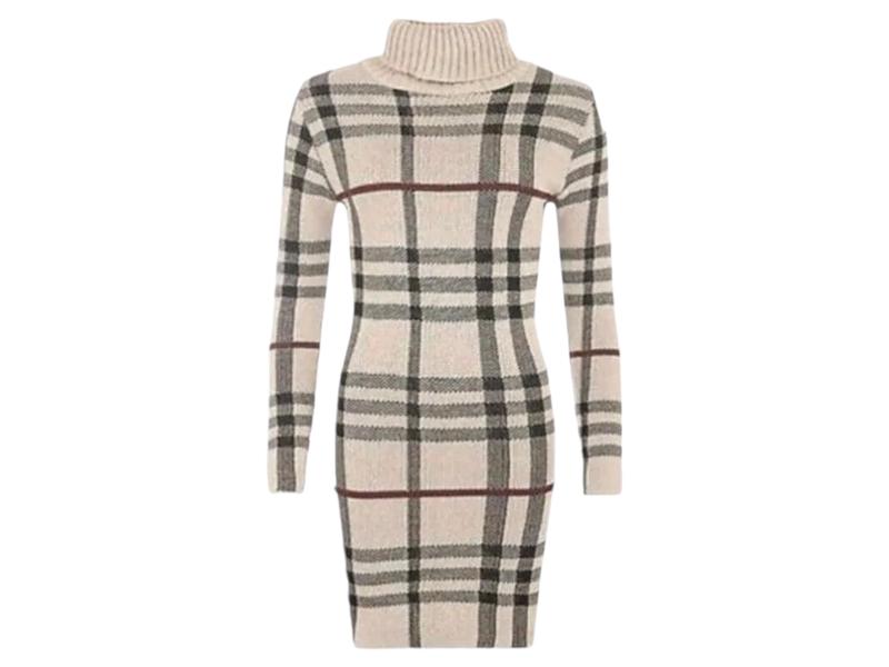 New Womens Polo Neck Tartan Knitted Midi Ladies Long Sleeve Bodycon Jumper Dress 3