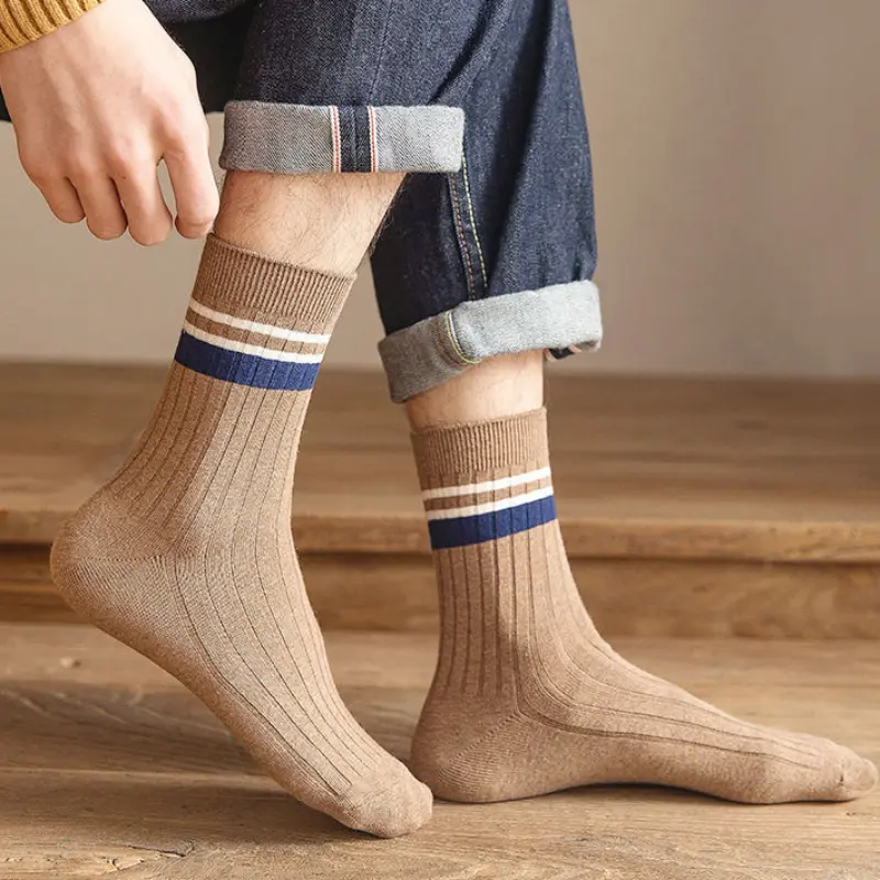 RISELDAJOR  5 Pairs of Men's Mid-Calf Socks with Striped Design, Solid Color, Ideal for Spring and Autumn, Also Great as Winter Long Socks, Odor-Resistant and Moisture-Wicking, Sweatproof 7