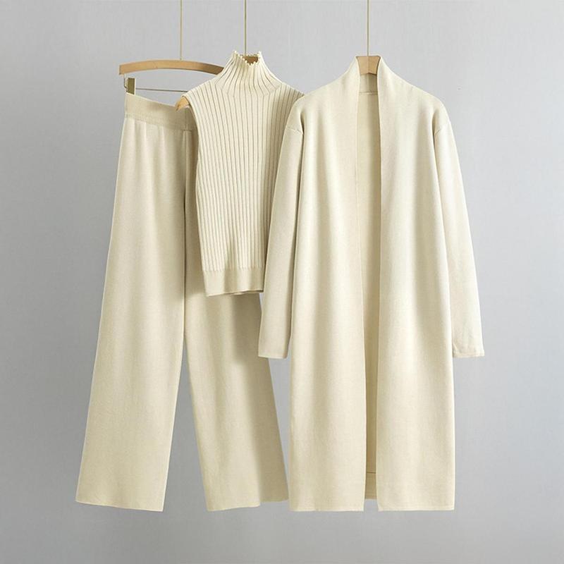 KatchMe Women's Casual Solid Color Turtle Neck Ribbed Tank Top & Wide Leg Trousers with Open-Front Cardigan Three-Piece Set 1