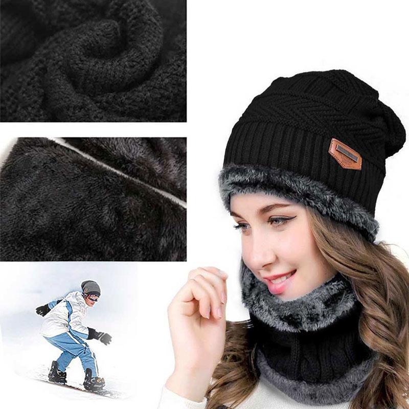 Hat Scarf Set Neck Cover Winter Warm Fleece Knitted Thick Ski Cap 1