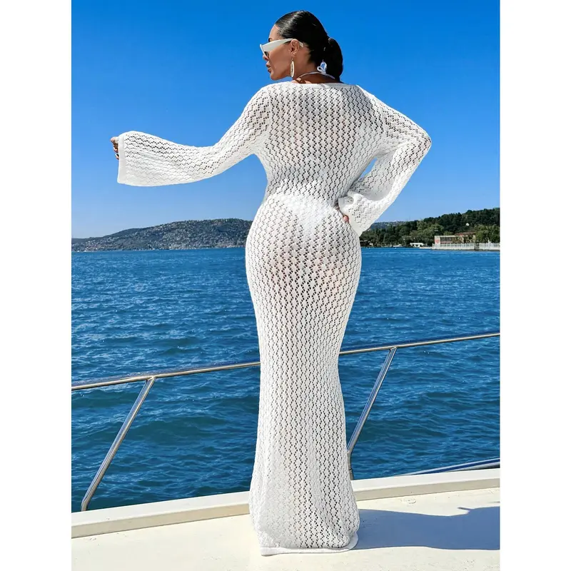 Women's Solid Color Long Knit Sheer Cover Up Dress For Daily Wear, Summer Beach Vacation Casual Fit Party Minimalist Womenswear Sleeve Comfort Fabric Basic Festival 2