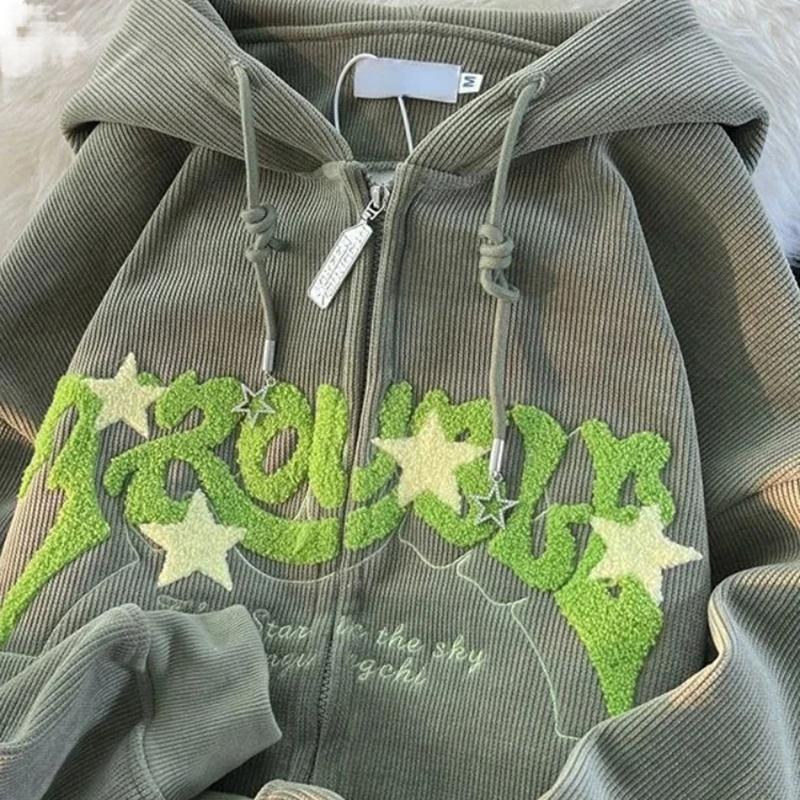 Product Introduction of Y2k Zip Up Hoodie Women Retro Embroidered Letter Loose Long Sleeve Tops 2025 Casual Hooded Sweatshirts Harajuku Jackets coat 6