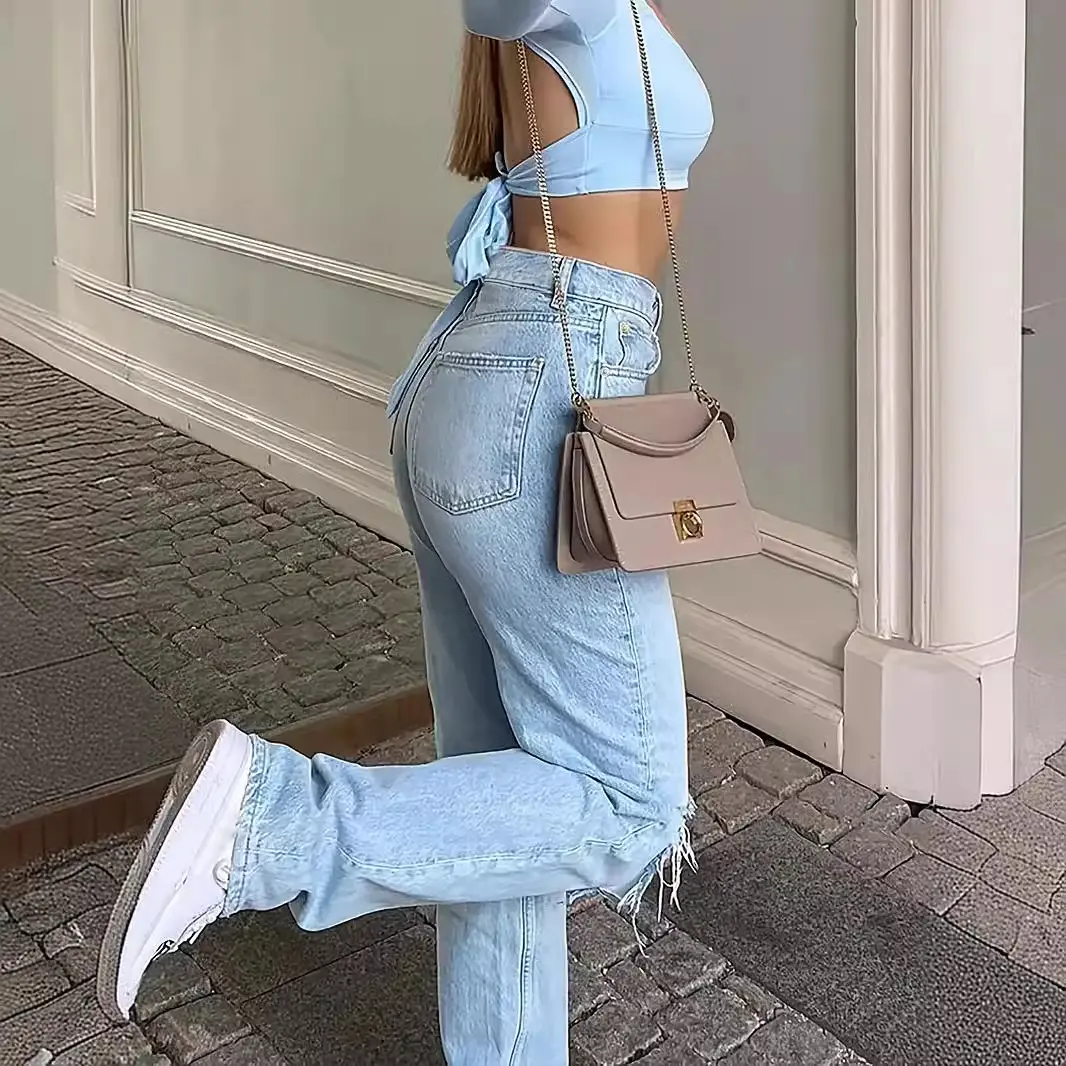 Jeans women's high waist comfortable loose wide leg slimming ripped casual pants Lady Trouser Denim Womenswear Trouser Streetwear Bottom Basic Minimalist