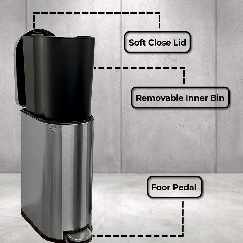 VR7 Stainless Steel Kitchen Recycling and Waste Bin with Lid & Steel Pedal 40L Bathroom Dustbin Removable Inner Basket Rubbish Bin Kitchen - Office - Bedroom - Livingroom Garbage bins for kitchen 8
