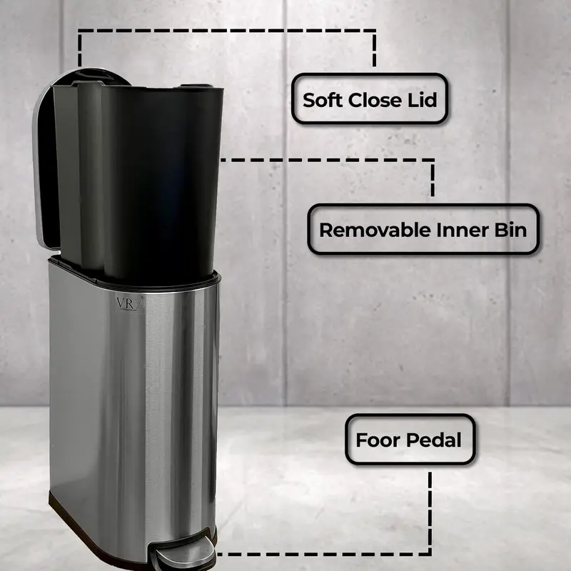 VR7 Stainless Steel Kitchen Recycling and Waste Bin with Lid & Steel Pedal 40L Bathroom Dustbin Removable Inner Basket Rubbish Bin Kitchen - Office - Bedroom - Livingroom Garbage bins for kitchen 7