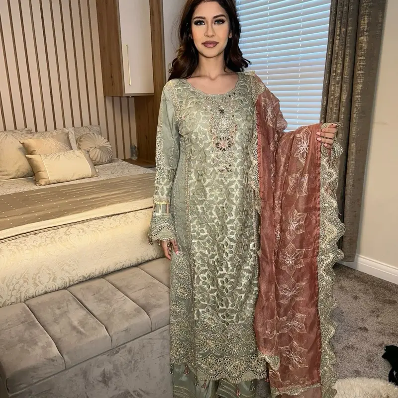Caira sage green outfit with rust Duppatta 2