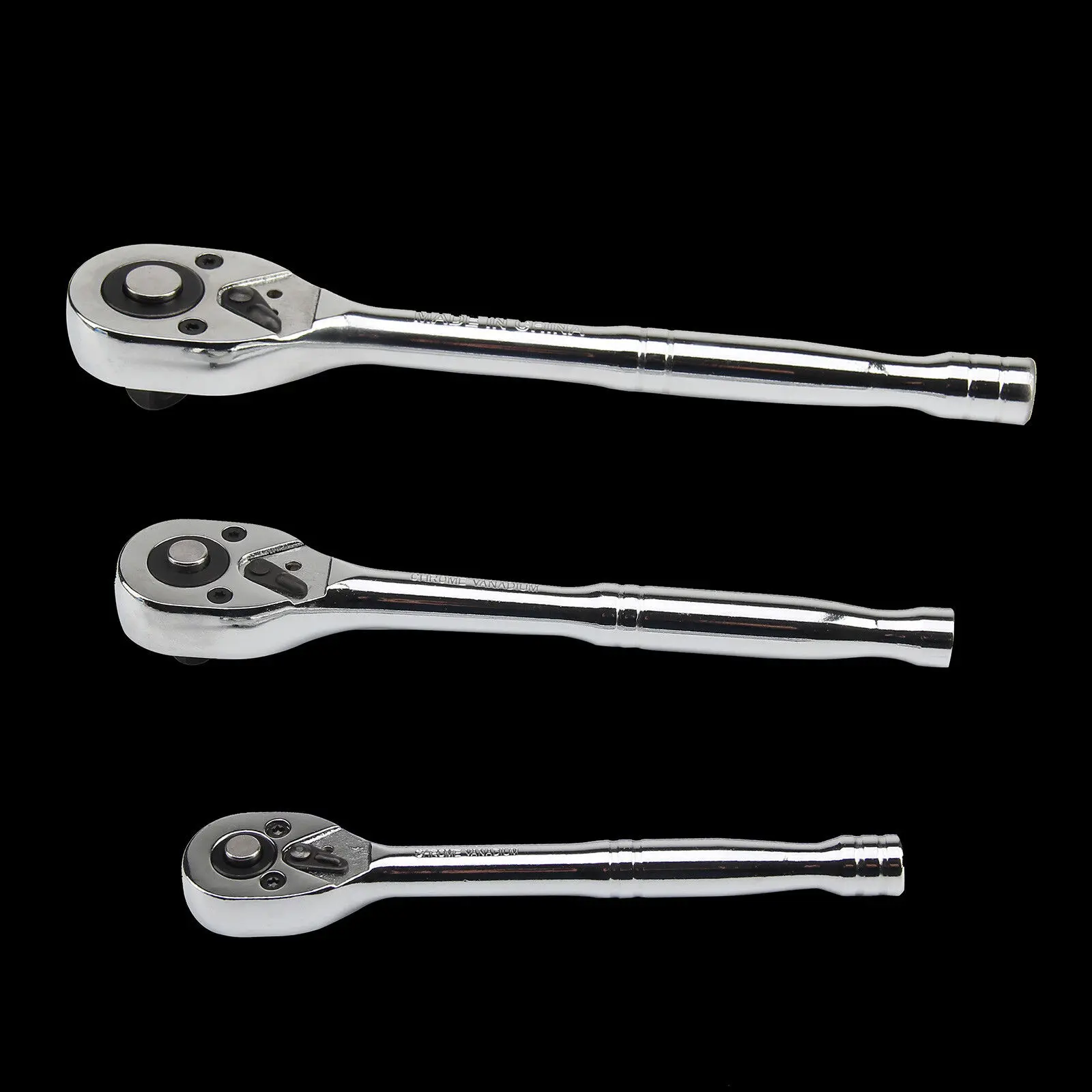 3pc Heavy Ratchet Handle Set 1/4" 3/8" 1/2" Long Reach Wrench Quick Release - Heat Treated Carbon Steel