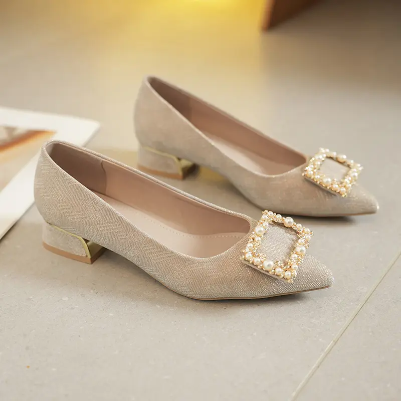 Fashion Hot Sale Luxury Pearls Diamonds Women's High Heel Shoes Thick Heel Block Party Pointed Toe High Heel Shoes