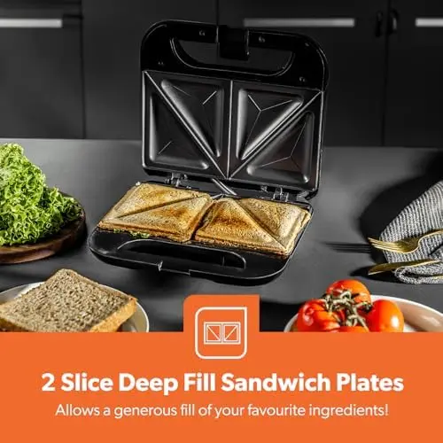 Toastie Maker | 2 Slice Sandwich Toaster, Cooks Delicious Crispy Sandwiches | 750W, 2 Slice Sandwich Press | Cool Touch Handle, Automatic Temperature Control & Non-Stick Plate 2