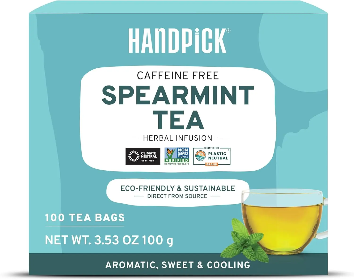 Handpick Spearmint Tea Bags (100 Count) | Non-GMO 100% Pure Spearmint Leaf | Certified by Tea Board Beverage Natural