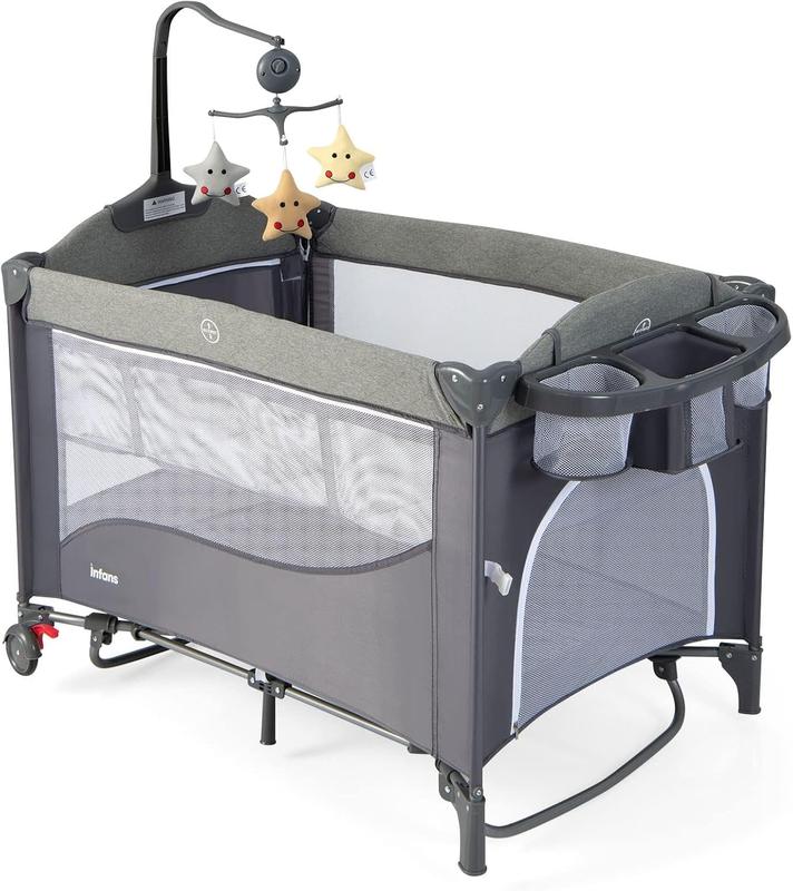 COSTWAY 5 in 1 Travel Cot, Foldable Baby Bedside Sleeper with Diaper Changer, Mattress, Carry Bag, Music Box and Hanging Toys, Portable Playard for Newborn Toddlers 0