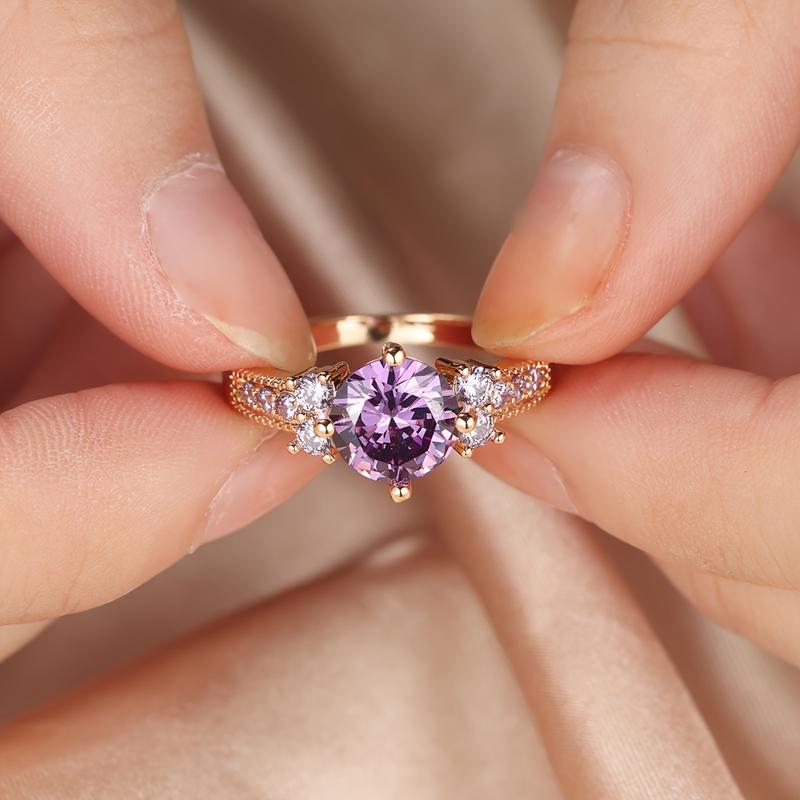 Product Introduction of Boho Purple Pink zirconia Ring Round Cut 18k Gold Plated Wedding Engagement Evening Party Ring 6