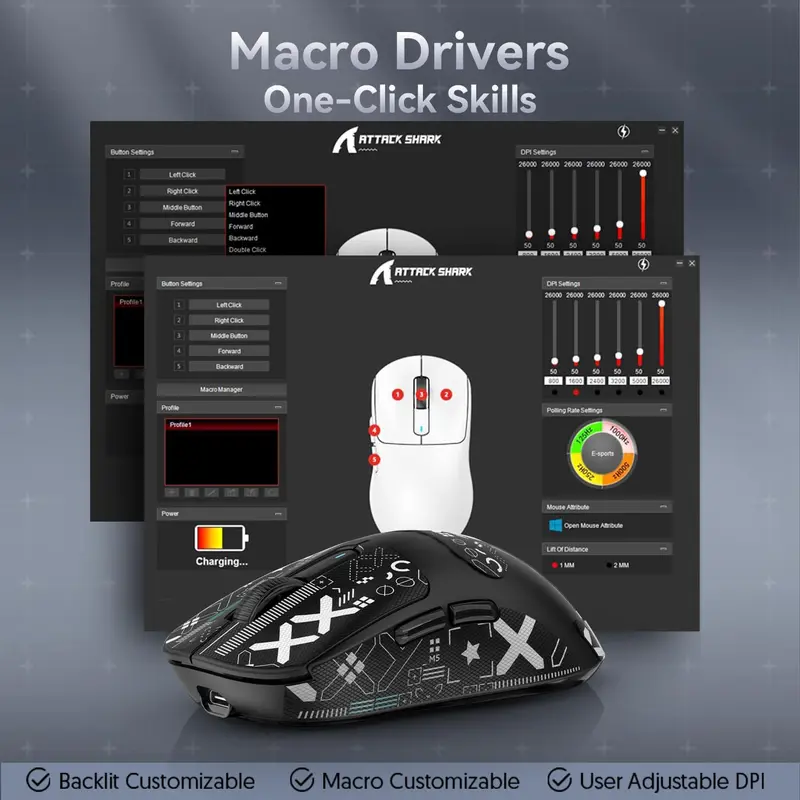 ATTACK SHARK X3 49g SUPERLIGHT Mouse with Tape, PixArt PAW3395 Gaming Sensor, BT/2.4G Wireless/Wired Gaming Mouse, 6 Adjustable DPI 26000, 200 Hrs Battery, Office Mice for Win11/Xbox/PS/Mac 3