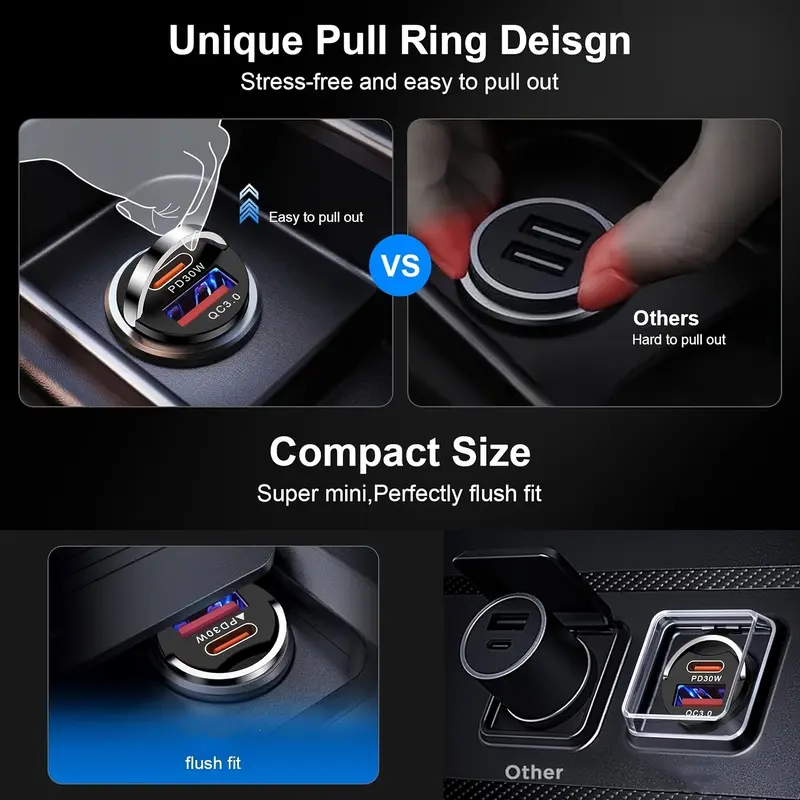 USB A + C dual port fast charging mini pull ring car charger, pd30w + qc3.0 type C car charger adapter, supports 5V 2.4A charging wide compatibility 7