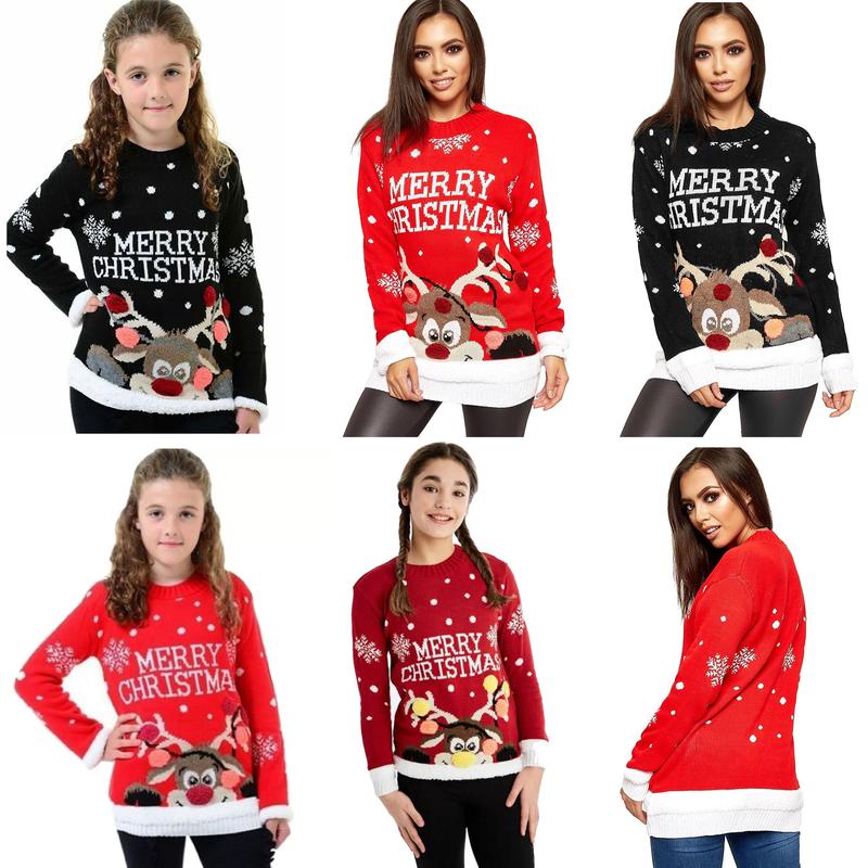 Womens Merry Christmas Print Long Sleeve Reindeer Pom Pom Jumper Sweatshirt Girls Xmas Party Wear Knitted Warm Pullover Novelty Sweater Top Knitwear 8