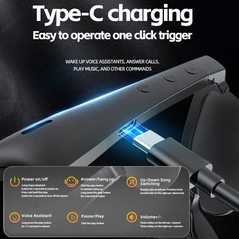 Original Bluetooth Glasses Sports Driving Wireless Headset Ear Hook Earbuds - Audio, Electronic - Device, Button Wearable Usb Phone Navigation Headphone Bone Charging Detachable Durable Virtual Stream 3