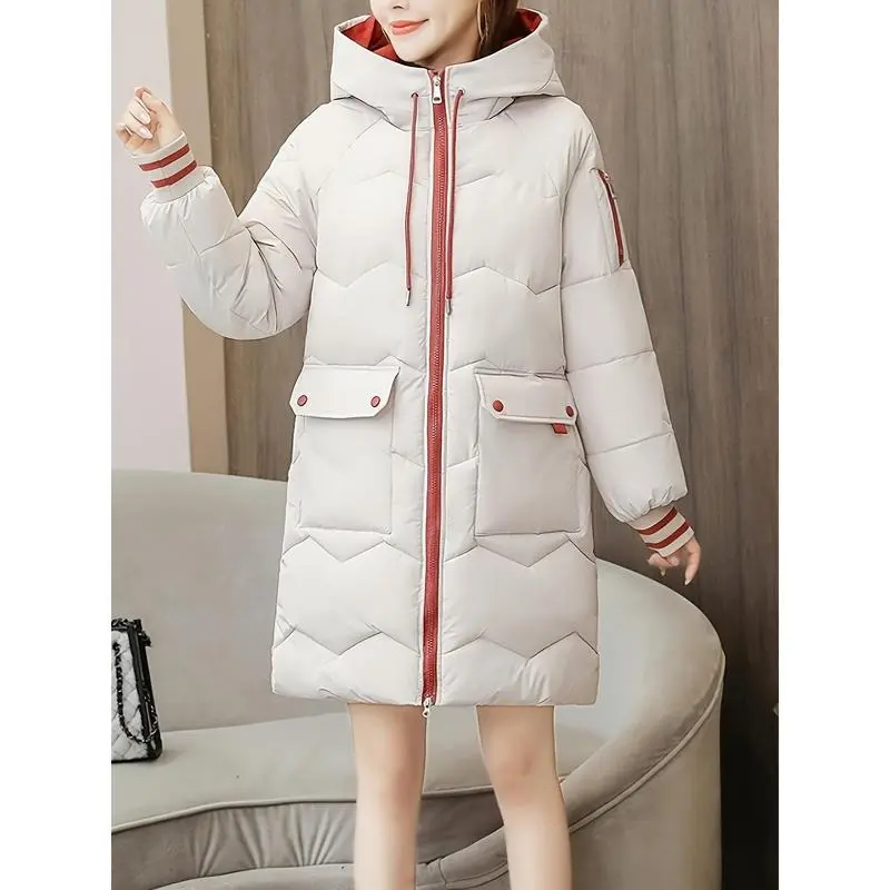 Cozy Thermal Puffy Coat - Cotton-padded Jacket with Drawstring Hoodie, Long Sleeve, Flap Pockets, and Zip-up Design for Fall and Winter - Women's Casual Outerwear for Chilly Days 4