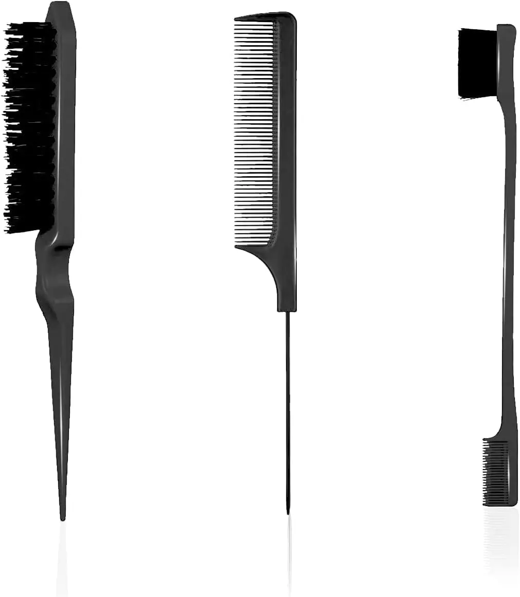 3 Pieces Hair Styling Comb Set Teasing Hair Brush Rat Tail Comb Edge Brush for Edge & Back Brushing, Combing, Slicking Hair for Women, For Haircare, Heatless, Smooth Hair Stick, (Black), Free Shipping. curly