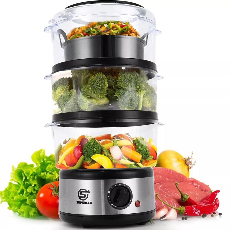 3-Tier Food Vegetable Meat Steamer Electric 7.5L Large With Rice Bowl 3