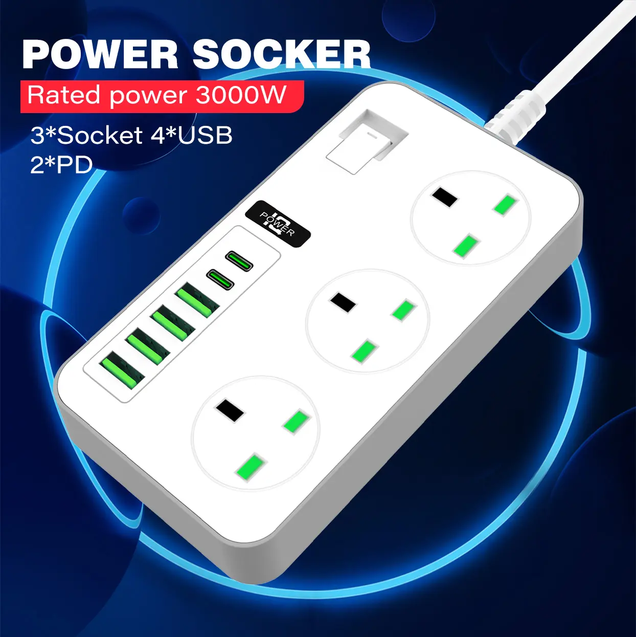 Extension Lead with USB C Ports Power Strip with 3 Way Outlets 6 USB Slots 2 PD(USB-C)  Multi Plug Extension Socket Desktop with 2 Meter Power Cord 3000W 13A