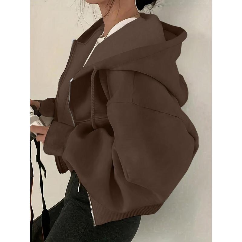 Cozy Drop Shoulder Hoodie - Fashion Hoodies with Kangaroo Pocket, Casual Zipper Long Sleeve Drawstring Sweatshirt, Soft Women's Clothing for Everyday Wear 0