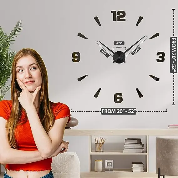 DIY Wall Clock - Frameless 3D-Style Analog Timekeeper for Home, Living Room, Bedroom, Office - Battery-Powered Modern House Decoration - Silent Clock Decor with Number Sticker Decals 3