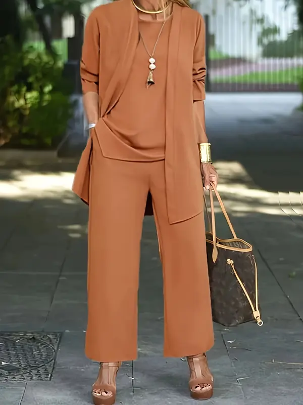Casual Three-piece Solid Set, Long Sleeve Cardigan & Top & Long Pants Outfits, Women's Clothing 7