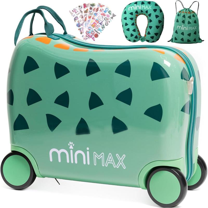 Aerolite MiniMax Childrens Ride-On Suitcase Fits 45x36x20cm Easyjet Maximum Size Kids Hand Luggage With Wheels 29L, Free Neck Pillow, Travel Bag & Stickers (Green) 5